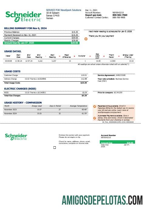 realista Modelo de conta de serviços públicos da Yemen Schneider Electric em formatos Word e PDF